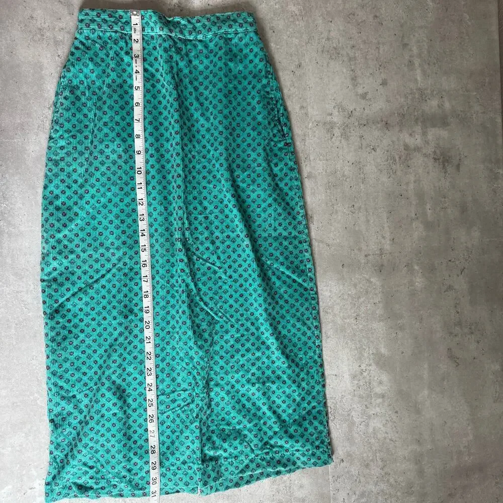Vintage long, turquoise, geometric-patterned corduroy maxi skirt size 5/6